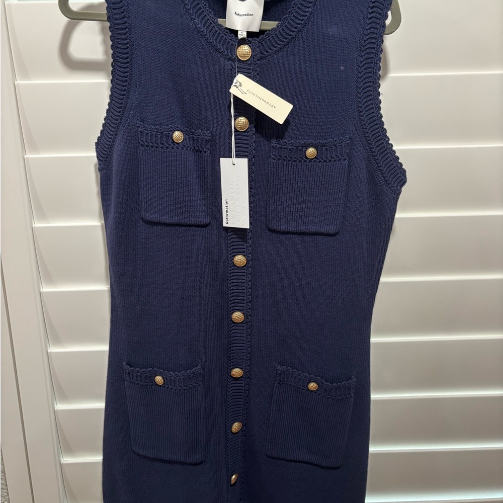 Reformation Navy Knit Button-Front Sleeveless Dress - Picture 2 of 2